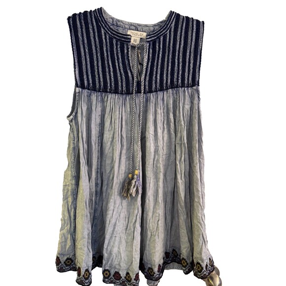 NWT Rachel Zoe Top Sz 1X  Blue Embroidered Tassel Tie Mineral Wash Boho Festival - Picture 2 of 14